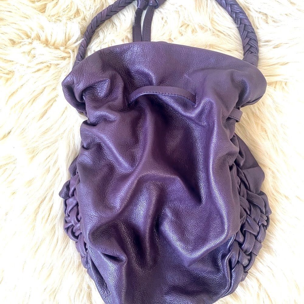 Elliott Lucca Purple Reign Slouchy Leather Round Bottom Bucket Bag Woven Details - Picture 5 of 10